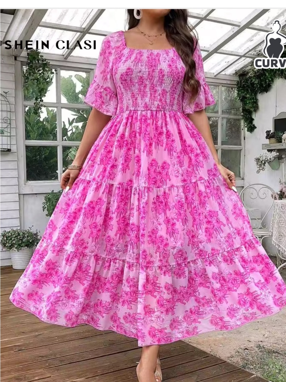 SHEIN Pink Floral Smocked Tiered Maxi Dress